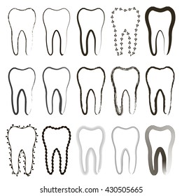 set of icons of different tooth form, contour and patterns, vector for print or design
