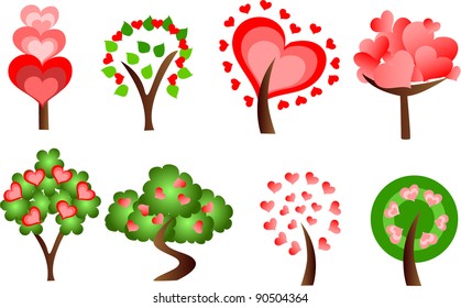 Set of icons of different trees with hearts for Valentine's Day, the vector