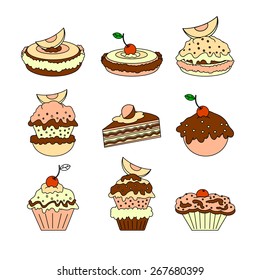 A set of icons of different types of cakes on white background.