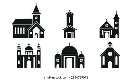 Set icons of different types of catholic churchs white background. Vector cathedral or monastery in flat style.