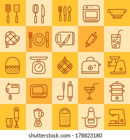 set of icons of different types of cookware on a colored background