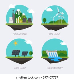 Set of icons with different types of electricity generation. Landscape and industrial factory buildings concept. Vector flat  infographic.