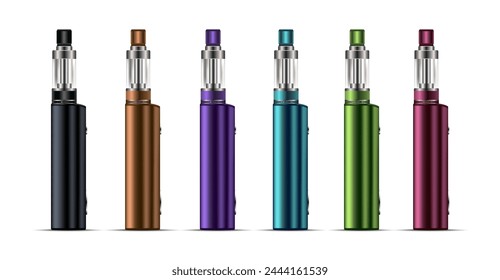 Set of icons of different types of electronic cigarettes. Vaping device in realistic different colors 3D style. Vape pens .Vector