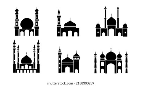 Setzen Sie Symbole für verschiedene Arten von eleganten, islamischen, weißen Hintergrund. Vektormuskeltempel im flachen Stil.