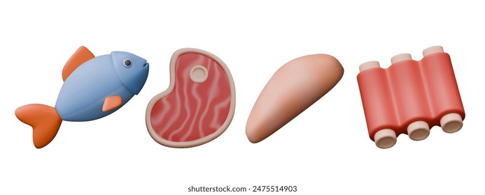 Set of icons of different types of meat ingredients. Fish, steak, fillet, ribs