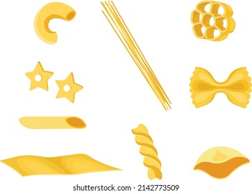 set of icons of different types, shapes of pasta on a white background
