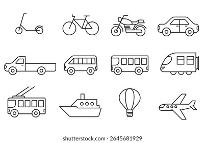  Set of icons of different types of transport. Set of transport icons in linear style. EPS 10
