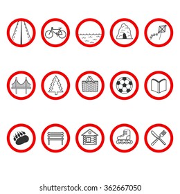Set of icons with a different value in red circle. Road, bike, pond, cave, kite flying, bridge, wood, picnic zone, ball, book, wild animals, rest zone, camping, roller skates, restaurant.