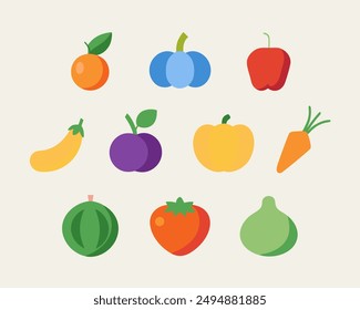 A set of icons of different vegetables in a white circle with a shadow on a green background. Logo, vegetables for the farm. Flat style, vector.