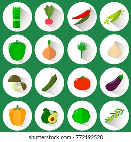 A set of icons of different vegetables in a white circle with a shadow on a green background. Logo, vegetables for the farm. Flat style, vector.