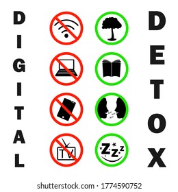 Set of icons of digital detox signs. Gadgets and wifi crossed out, nature, book, good sleep and live communication in green circles.