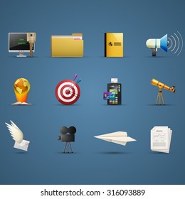 Set of icons. Digital security and plastic card, folder and book, megaphone and movie camera, flying letter with wings and paper plane, world and telescope, analysis and target. Vector illustration.