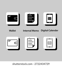Eine Reihe von Symbolen für eine digitale Brieftasche, interne Notiz, digitaler Kalender