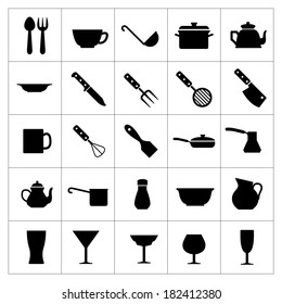 Set icons of dishware and kitchen accessories isolated on white. Vector illustration