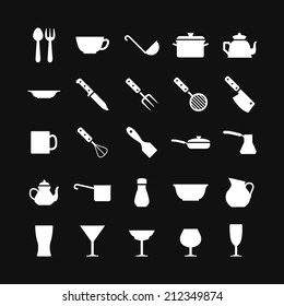 Set icons of dishware and kitchen accessories isolated on black. Vector illustration