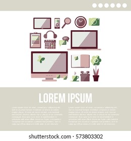 Set of icons: display; laptop; tablet computer and mobile phone template. Flat design poster for your design. Vector illustration. 