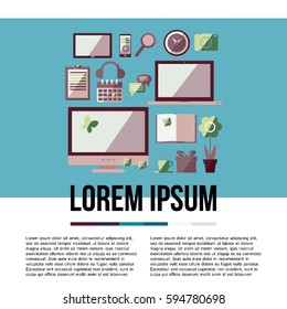 Set of icons: display; laptop; tablet computer and mobile phone template. Flat poster for your design. Vector illustration. 