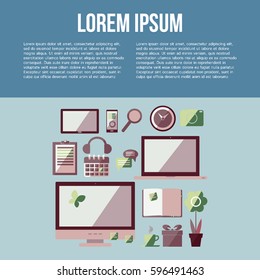 Set of icons: display; laptop; tablet computer and mobile phone template. Flat design poster for your design. Vector illustration. 