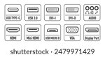 A set of icons Display port, DVI-D, input for mini-jack 3.5, USB 3.0, USB Type-c, USB Micro B, and others.