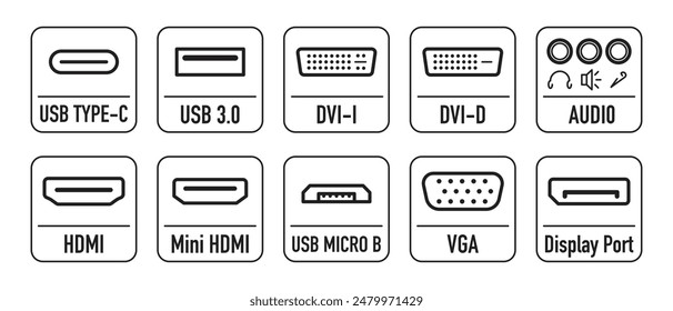 Eine Reihe von Symbolen Display Port, DVI-D, Eingang für Minibuchse 3.5, USB 3.0, USB Type-c, USB Micro B und andere.