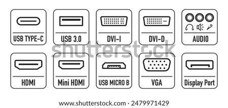 A set of icons Display port, DVI-D, input for mini-jack 3.5, USB 3.0, USB Type-c, USB Micro B, and others.