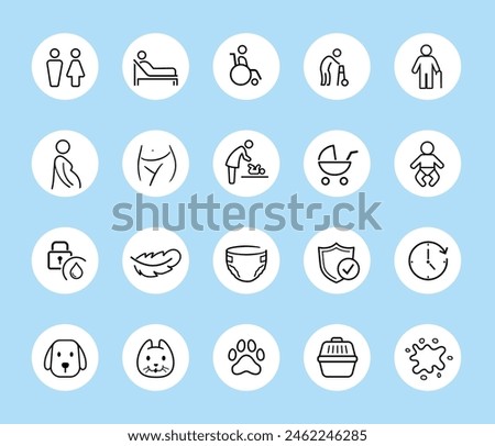 Set icons for disposable changing mat and sanitary products. The outline icons are well scalable and editable. Contrasting vector elements are good for different backgrounds. EPS10.