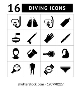 Set icons of diving isolated on white. Vector illustration