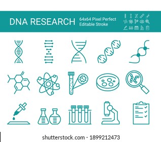 Set Of Icons Of Dna Research. Thin Line Icon Of Dna, Blood, Science Test, Lab, Microscope. Editable Vector Stroke. 64x64 Pixel Perfect.