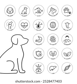 A set of icons for dog. The basic parts of pet health. The outline icons are well scalable and editable. Contrasting elements are good for different backgrounds. EPS10.	