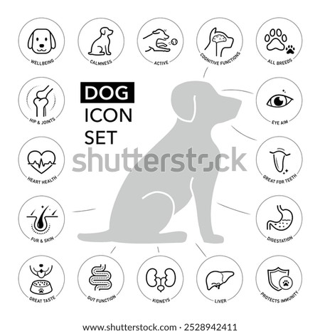 A set of icons for dog. The basic parts of pet health. The outline icons are well scalable and editable. Contrasting elements are good for different backgrounds. EPS10.	