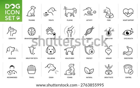 A set of icons for dog. The basic parts of pet health. The outline icons are well scalable and editable. Contrasting elements are good for different backgrounds. EPS10.	