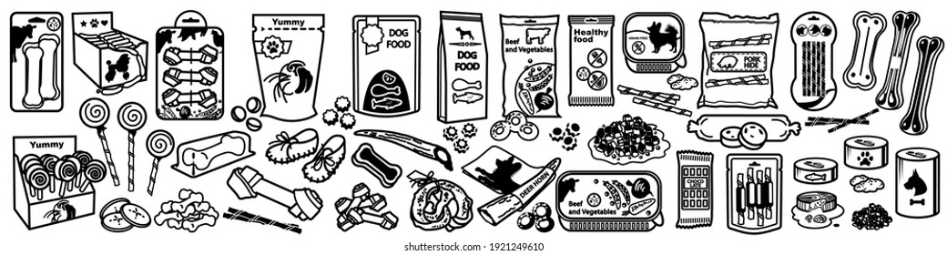 Set of icons of dog foods and treats. Staple dog food and pet delicacies. Vector Illustration