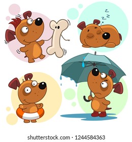 Set of icons with dogs for children and design, the dog is dancing with a bone, sleeping, with a lifebuoy dressed, standing under an umbrella and it is raining.