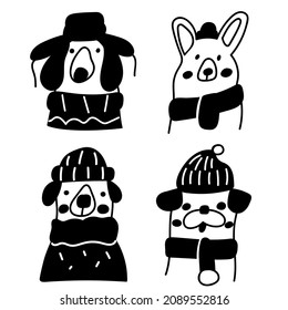 Set of icons of dogs wearing winter clothes. Vector outline illustration on white background. 