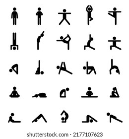 Conjunto de íconos haciendo ejercicios de yoga. Estiramiento y relajación en diferentes poses de yoga. Formas negras de personas aisladas en fondo blanco. Complejo de yoga.