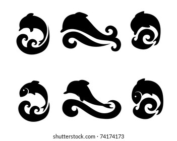 Set of icons with dolphins and fish. Company logo design.