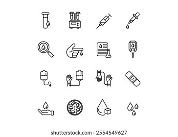Set of icons for donating blood. Editable stroke. Vector illustration