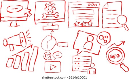 Set of icons in doodle style illustrating the main concepts of SEO: SEO, customers, social media, content, analytics, marketing, search, blog, technical and link building.
