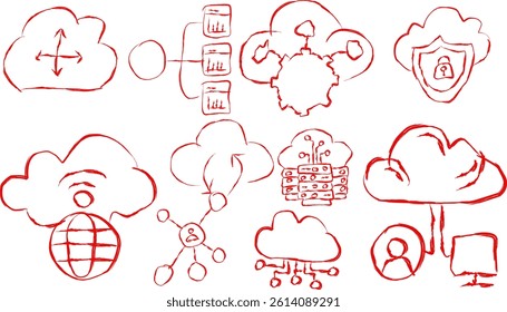 Set of icons in doodle style related to cloud server icons. includes cloud computing, data servers, networking, backup, hybrid cloud, public and private cloud, automation icons.