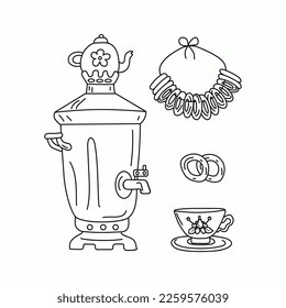 A set of icons in the Doodle style. Symbols of Russian culture.  Samovar, teapot, tea, cup and saucer. Bunch of baked goods, bagel. Vector illustration. Isolated background.