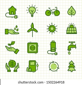 Conjunto de íconos - doodles que representan ecología, medio ambiente, energías renovables, conservación de la naturaleza. Diseño de vectores de líneas delgadas modernas e infográficas.