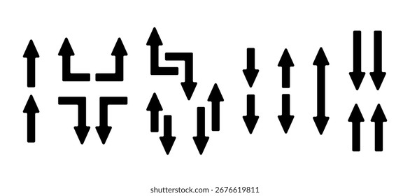Conjunto de iconos - flecha doble. Flechas que indican dirección y movimiento. Conjunto de interruptor de dos flechas. Silueta negra de flechas de puntero simples.