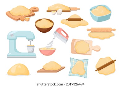Set of Icons Dough, Bakery Ingredients, Kitchen Appliances and Electric Tool for Cooking Bakery. Rolling Pin, Cutting Board, Fresh Eggs Isolated on White Background. Cartoon Vector Illustration