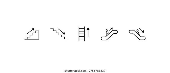 Set of icons: up and down stairs, ladder, escalator, moving walkway symbols.