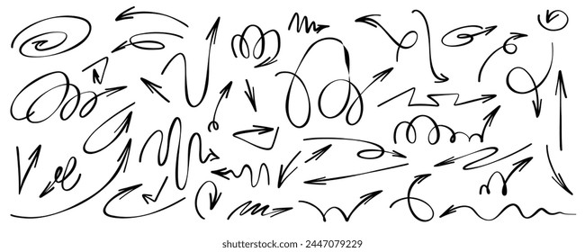 Gruppe von Symbolen für gezeichnete Pfeile. Pfeilsymbol mit verschiedenen Richtungen. Doodle Vektorillustration isoliert auf weißem Hintergrund. Richtungszeiger. Kritzel und Kritzel.