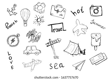 Set of icons drawn by hand on the theme of travel.