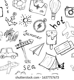 Set of icons drawn by hand on the theme of travel.