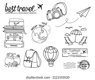 Set of icons drawn by hand on the theme of travel.