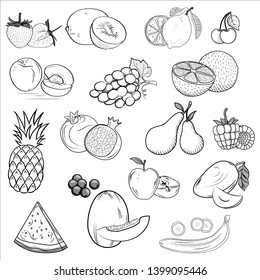 Set of icons drawn fruit. orange, peach, plum, banana, watermelon, pineapple, papaya, grapes cherry kiwi ango apple pear fresh food design elements