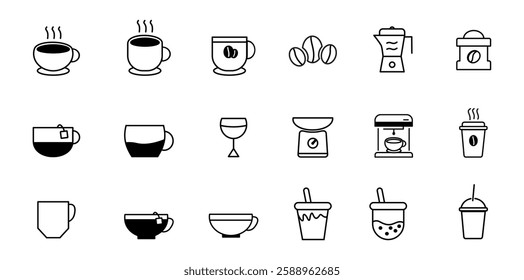 set of icons drinks coffee and bubble tea editable stroke 